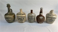 5 ASSORTED STONEWARE WHISKY DECANTERS INCLUDES