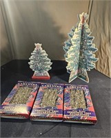 2 pressed board Christmas trees & 3 boxes tinsel