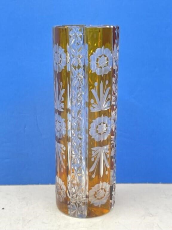 Cut Crystal Vase, 8 X 2.5, Clear And  Gold Colour