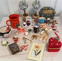 Box lot - Christmas mugs, ornaments, floral,