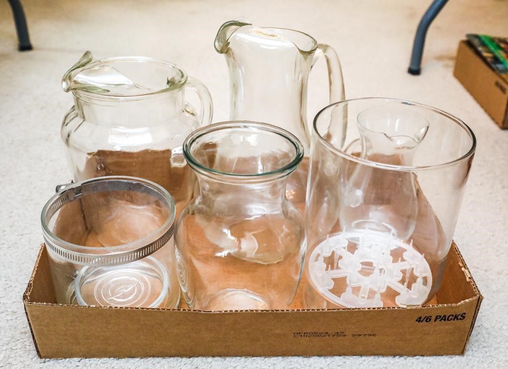 Flat of Assorted Glass Pitchers and Vases