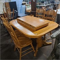 Wood Dining Table, 1 Leaf & 4 Press Back Chairs