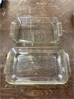 2 glass bakeware dishes, fire king and anchor