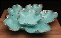 California Pottery Gold Rim Aqua Leaf Dishes (2)