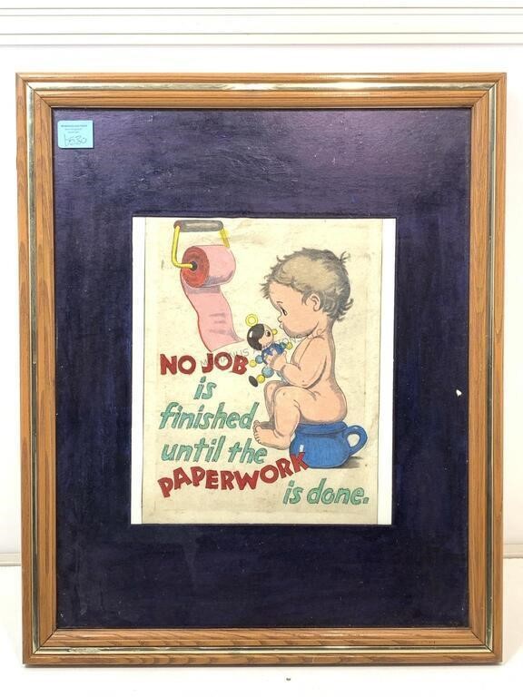 Vtg Hand Colored Humorous Bathroom Sign On Felt