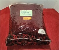 Crochet Afgan and 2 15"x15" Pillows. Dark red.