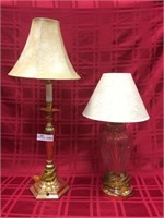 2 Unmatched lamps with fabric shades, brass