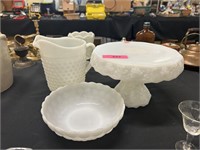 Milk Glass Pitcher, Bowl, And Cake Stand