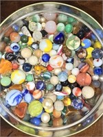 Metal Tin Of Vintage Marbles & More