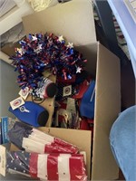 large box of patriotic, coozies, garland, hanging