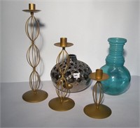 Metal Candleholders,Squatty Vase, Blue Vase