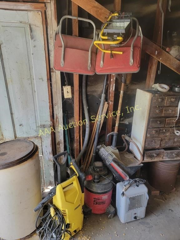 Karcher pressure washer, 5 gal shop vac, heater,