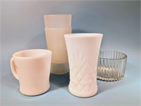 Milk Glass Vase, White Ovenware Cup & Glass Bowl