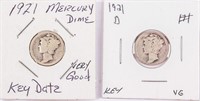 Coin 1921-P & D Mercury Silver Dimes VG