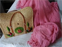 VINTAGE CHENILLE BEDSPREAD AND LARGE WOVEN TOTE