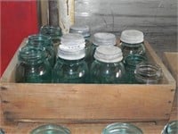 Box of Vintage Blue Canning Jars, some w/Zinc Lids