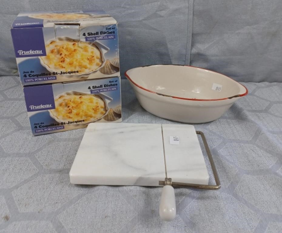 Clam chowder dishes, marble wire slicer and