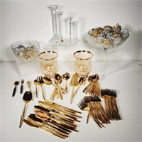 Gold Toned Flatware, Glass Candle Sticks