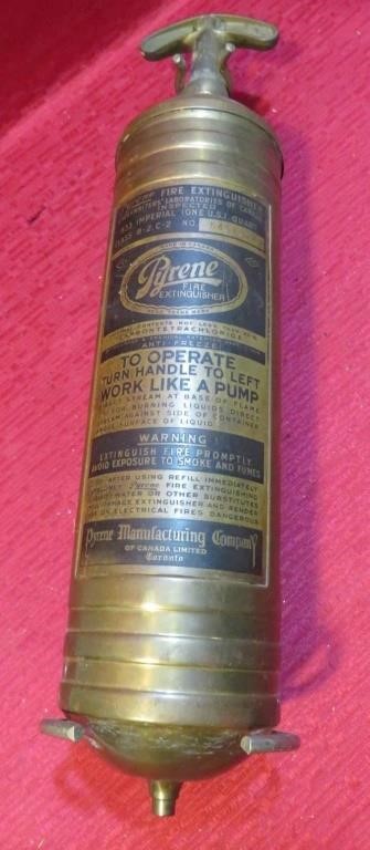 Old Pyrene Brass Fire Extinguisher w Wall Mount