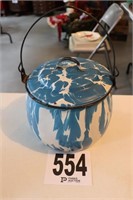 Vintage Blue Drip Enamel Lidded Pot with Bail