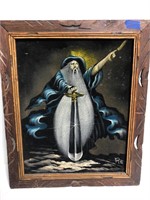Detailed Velvet painting of wizard in wooden frame