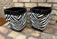 Pair of Heavy Ceramic Zebra Print Waste Baskets