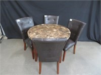 MAHOGANY MARBLETOP GAMES TABLE & 4 LEATHER DINERS