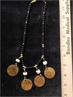 Vtg Beaded Necklace w/Gold tone Coins