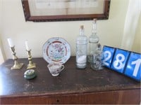 GROUP- BOTTLES, PLATE, TEA CUP, BRASS CANDLE