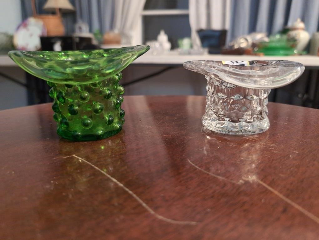 Vintage glassware hats/vase green hobnail and