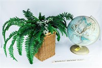 World Globe, Wicker Basket w/Artificial Fern,