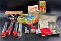 Box of old tools, safety glasses, 1960s newspapers