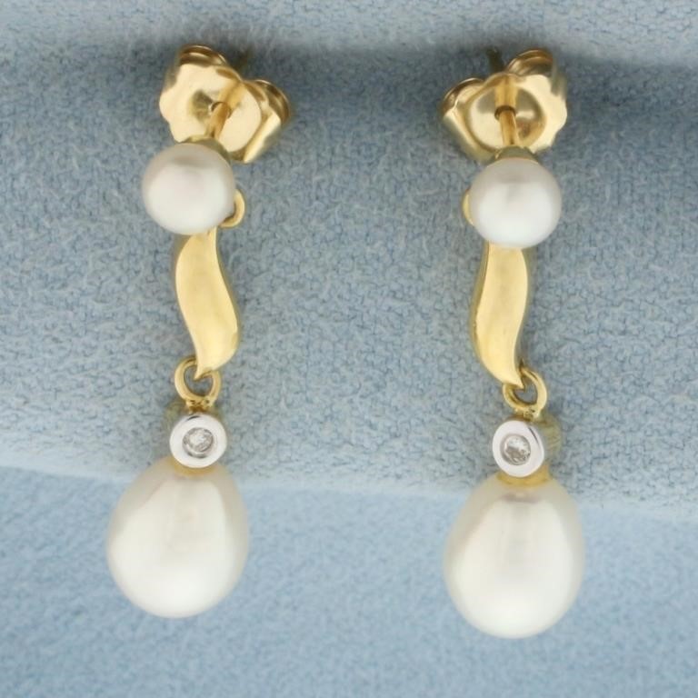 Mikura Pearl and Diamond Drop Earrings in 18k Yell