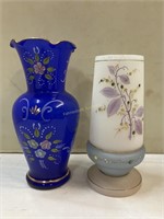 Hand painted vases -frosted glass & cobalt blue