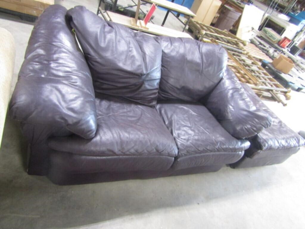 LEATHER LOVESEAT AND OTTOMAN