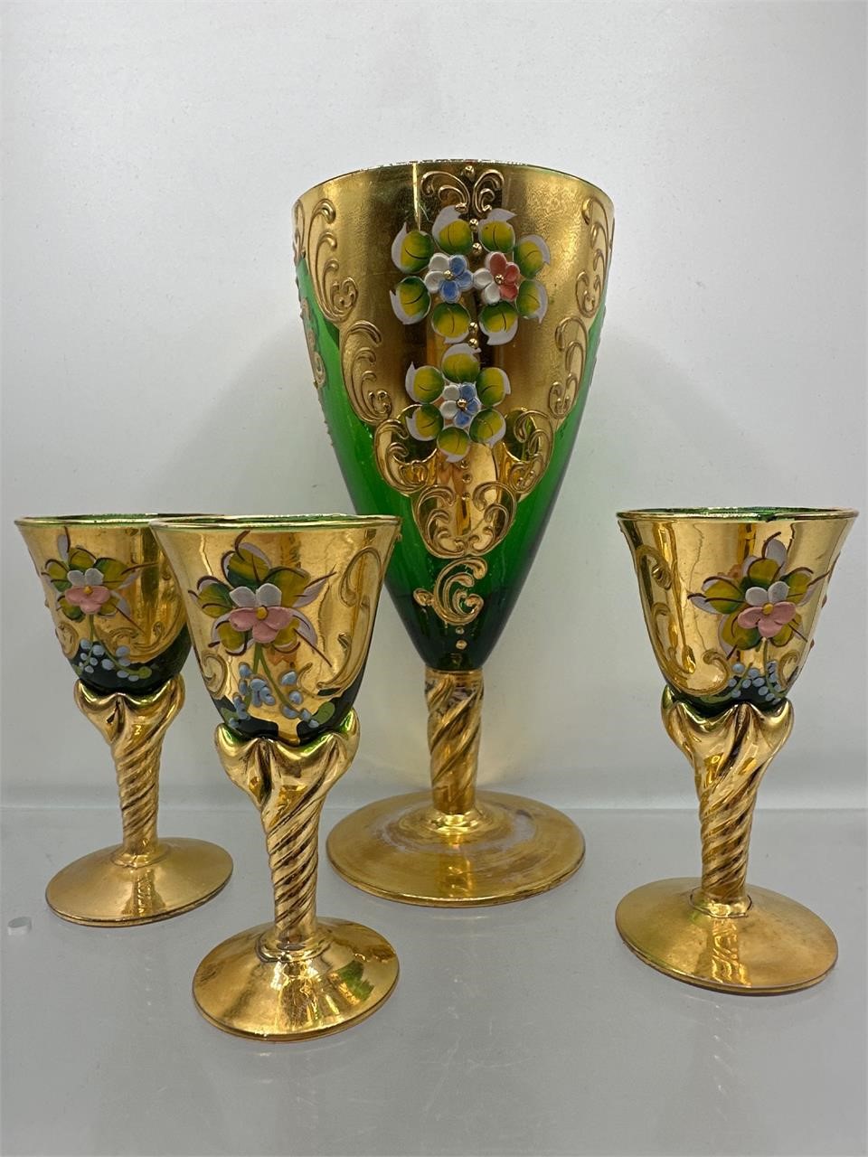 Green Bohemian enameled wine glass and cordials