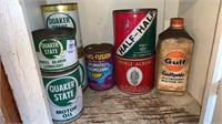 Shelf Lot of Quaker Oil Cans, Gulf Motor Oil