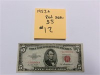 1953a red seal 5 dollar note