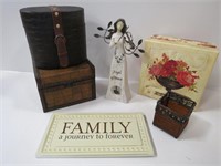 2 Decor Boxes, Angel Figurine, "Family Plaque" &