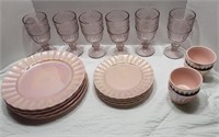 Pink Luster Dish Set w/ Glass Goblets