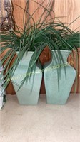 Pair of green vases with faux greenery