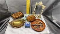 Metal dishes, frames, brass, wood box,