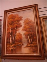 Oil painting on canvas of autumn riverscape,