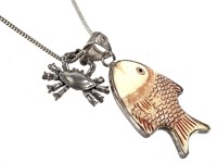 Sterling Necklace w Crab & Bone Ivory Fish