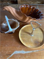 Slag Glass Basket, cornucopia & wood tray