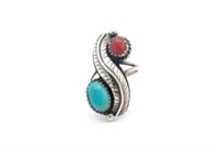 Native American coral & turquoise set silver ring