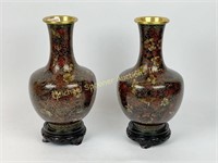 PAIR CHINESE BRASS AND CLOISONNE STYLE VASES