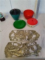 Brass Asian artwork pieces with Asian bowls and