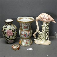 Japanese Oriental Vases & Flamingo Figurine