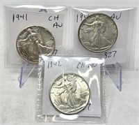 1941, ’42, ’47 Half Dollars AU